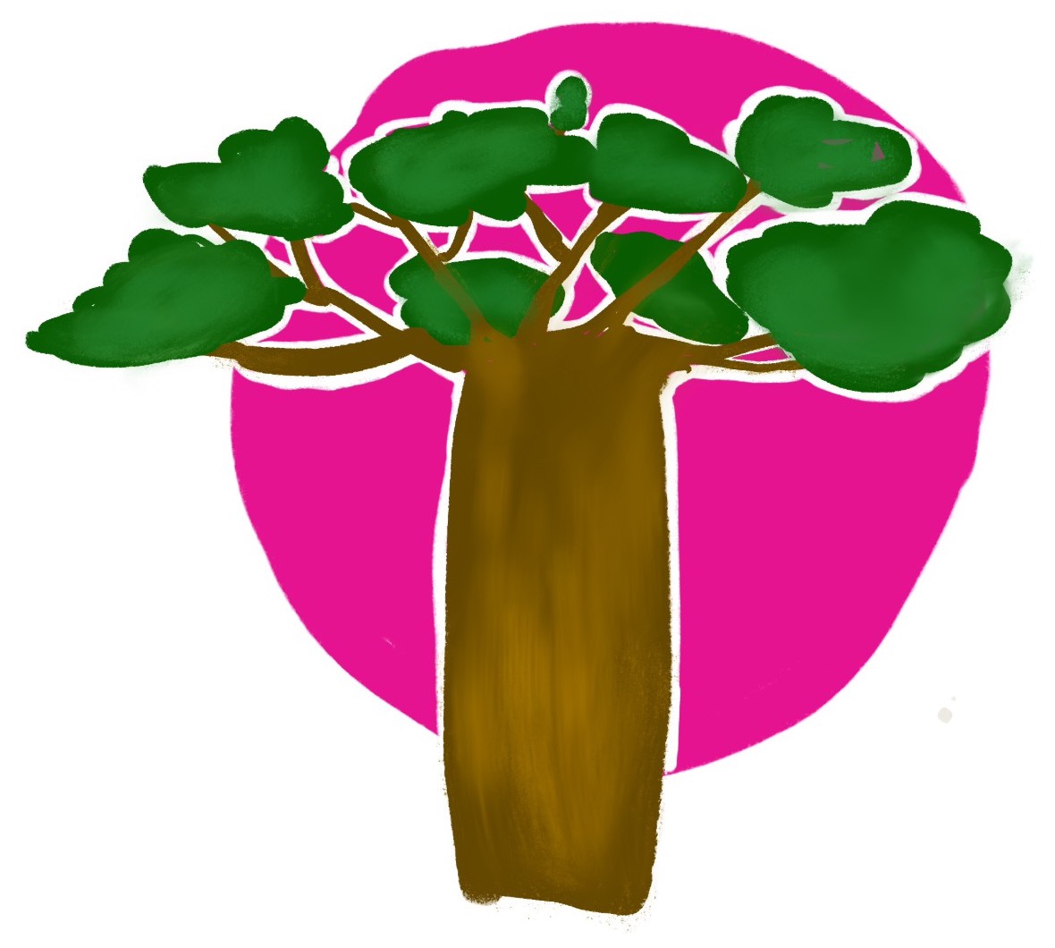 Illustrazione: un baobab davanti a un grande sole rosa